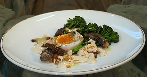 Warm salad of sprouting broccoli, morels and duck egg with cashew milk and almonds