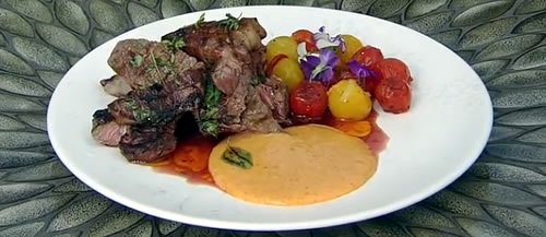 Seared steak and gözleme with aioli and roast tomatoes