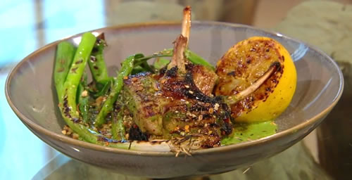Grilled lamb chop with green apple harissa, green tahini and spring onion