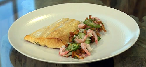Warm smoked Arctic char with prawns, girolles, pickled fennel and cucumber
