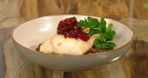 Roasted cod with braised green lentils and beetroot pickle