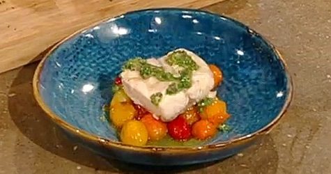 Roasted hake and cherry tomatoes with salsa verde