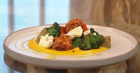 Roast squash with spicy kale and dukkah halloumi