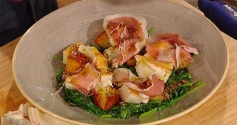 Poached smoked haddock with spinach, Parma ham and anchovy dressing