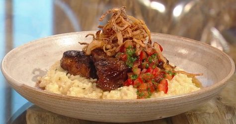 Slow cooked beef shin with crispy onion risotto